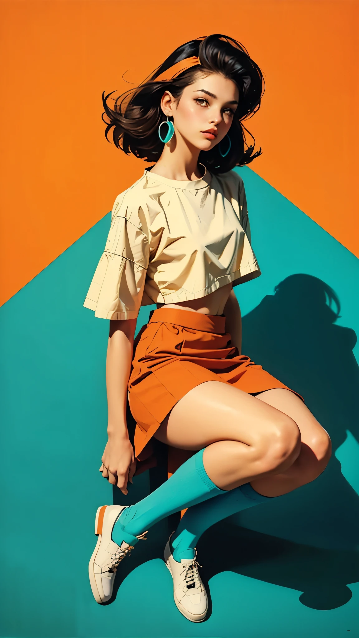 woman, 1980’s art design, retro, crop top, knee high skirt (flat colors, flat texture, lineart:1.2), graphical design, view from above, orange and cyan, style by smeglejj
