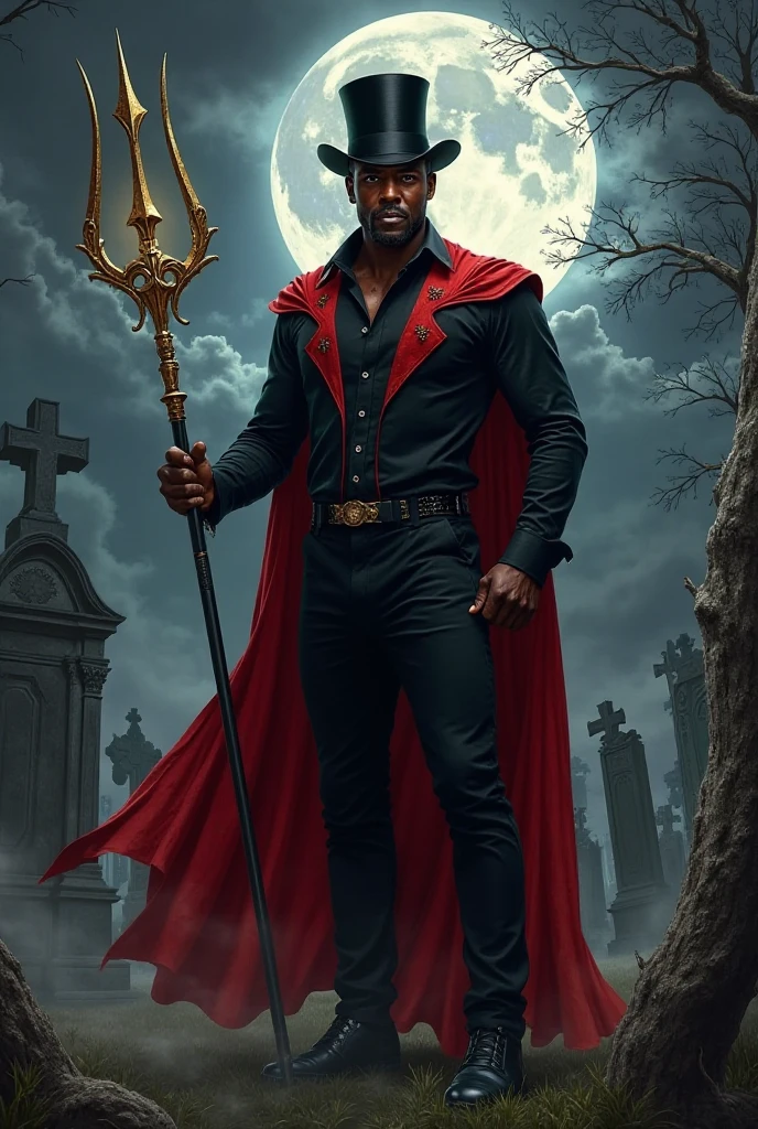 Make a Black Man, muscular and big, wearing black pants and shirt, a black cape, low top hat , background of a cemetery at night illuminated by the full moon, skull cane