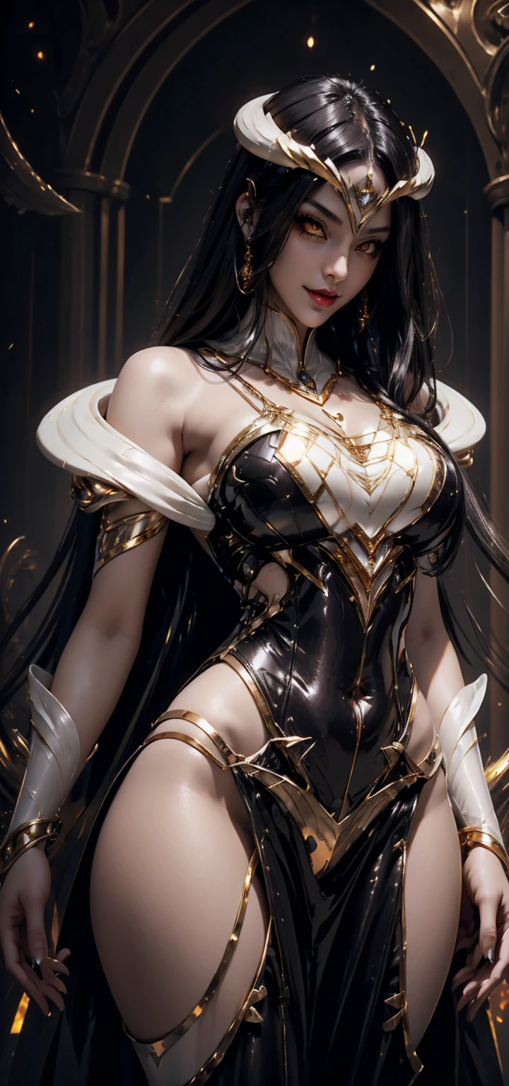 There is an adult European woman in a Penguin designed Armor , Saint Seiya , Penguin Black and White Cloth, Dark hair, red lips, Eye shadow, natural makeup, long curved hait, beautiful chest, Second Life Avatar, Beautiful screenshot, Second Life, attractive woman, high quality, highly detailed skin, dynamic pose