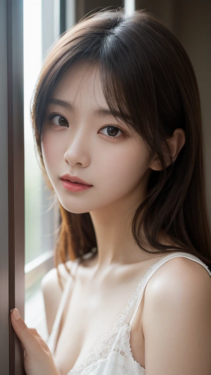 best qualityer、tmasterpiece、超高分辨率、Realistic、1 rapariga、glowy skin、((hyper realistic detailed))、Global illumination、8K、huge tit、High intricate details、Realistic light、shinning eyes、Ultra-thin transparent lace,Silver glasses,Juvenile face