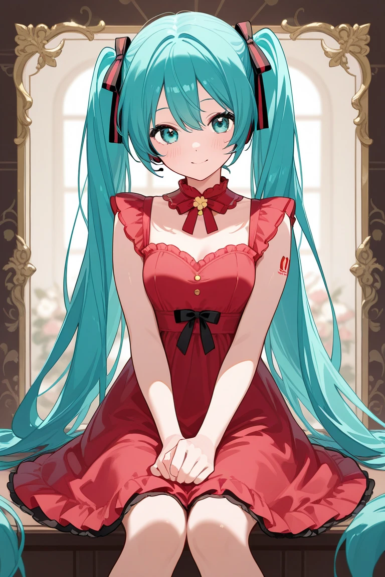 (masterpiece、highest quality、highest quality、Official Art、Beautiful and beautiful:1.2)、(One girl:1.3)Hatsune Miku、Twin tails,Beautiful breasts,(Best image quality, masterpiece:1.2), (Ultra high definition illustration), (Very beautiful mature queen:1.3), (Gorgeous sleeveless queen red dress with roses:1.3), Underarm, Mean face, Wicked Smile,
