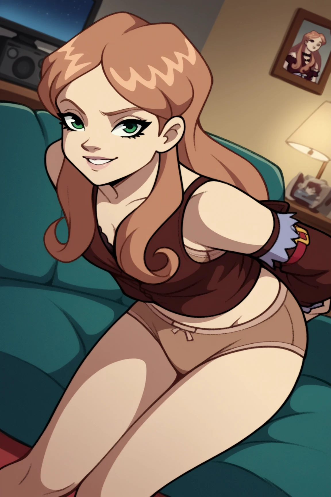 Solo Girl, green eyes, very long length brown hairstyle, buck teeth, mouth wide open, tongue sticking out, lots of saliva dripping off her tongue, lovesick, smug smile, naked, thick body, making a puddle of pussy juice From her pussy, Standing in the living room (High Quality), ( great autonomy), Masterpiece, (100% beauty)