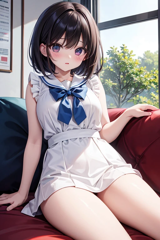 Highest quality、beautiful girl, (High school girls)、16 years old, 8K、RAW Photo、（skin：1.2）、Ultra-high resolution、（lens：50mm）、（F/1.2）、White sheets、(Lying in bed), Beautiful Face, ((Hair gets wet)), light makeup, Slender body, (Medium chest, Beautiful body), （Big round eyes：1.2）、（Droopy eyes：1.3）、((Delicate eyelashes)), （Embarrassed face：1. 2), (Red cheeks), 16 years old, Medium Hair, ( fine hair,), , Brown eyes, 白いskin,  beautiful girl, 16 years old, Very beautiful student, White shirt, ((Wet shirt, Short sleeve, Body lines)),Wet pleated skirt, (uniform:1.２), ((White knee-high socks)), Lying on the bed, Shallow depth of field