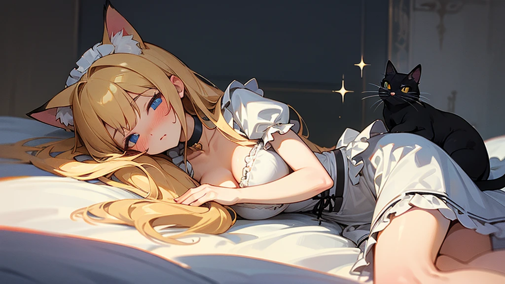 Safe for work, masterpiece, best quality, solo, 1 girl, facing forward, looking at camera, (young female body:1.4), ( medium small breasts), golden yellow hair, extra long hair, blunt bangs, crystal blue eyes, very detailed eyes, luxourius bedrrom background, on bed, arched back, strapless dress, long black gown, black dress, aehego, Lying on stomach, collar, elbows on bed, leaning forward, spreading legs