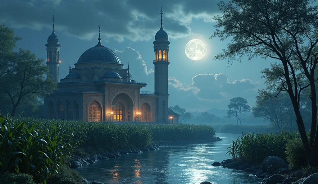 A tiny futuristic Malay style mosque in the middle of a village at night, Far point of view