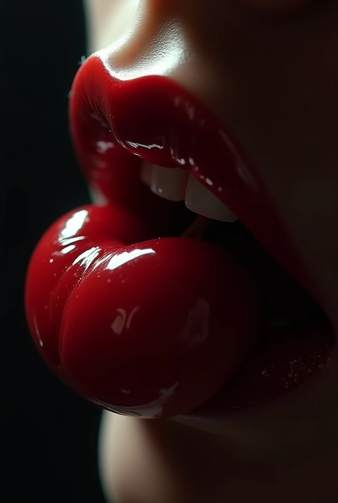 Real life photography of a red mouth biting a red apple, bright, best quality, accurate, HD, super detailed, photo taken by nikon
