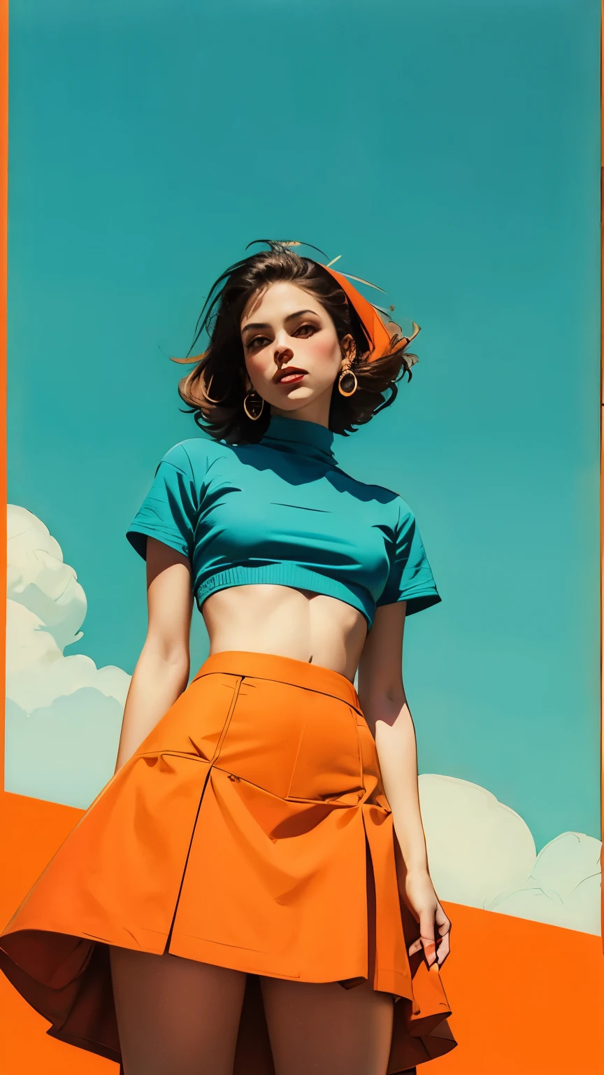 woman, 1980’s art design, retro, crop top, knee high skirt (flat colors, flat texture, lineart:1.2), graphical design, view from below, orange and cyan, force perspective, style by smeglejj