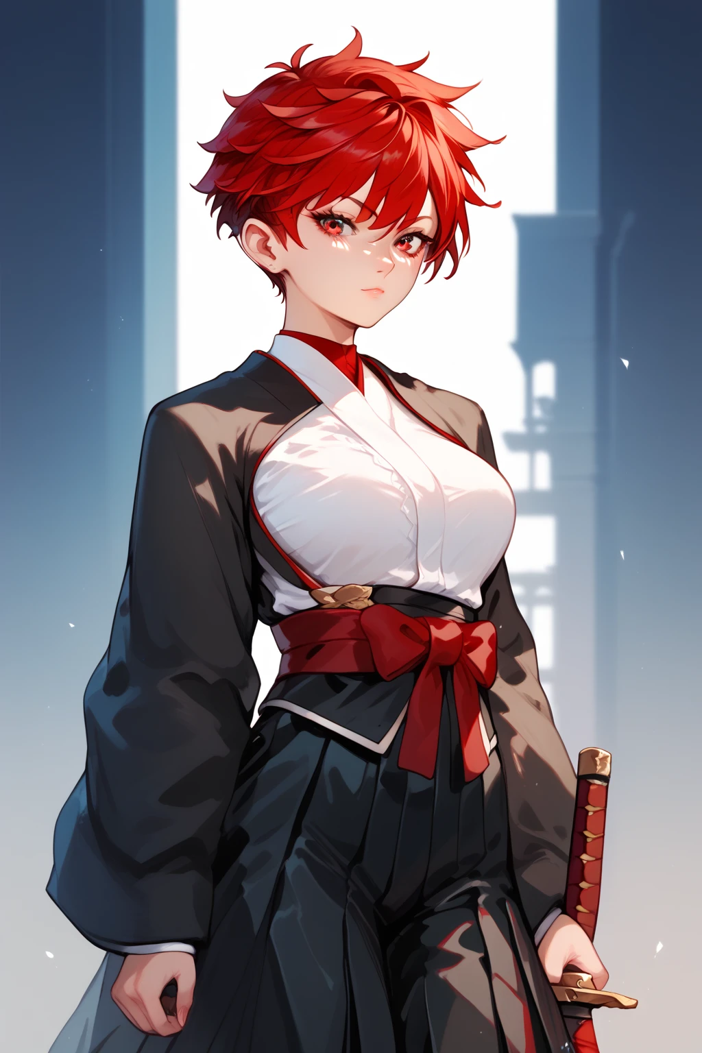 (masterpiece, best quality:1.2), expressive eyes, perfect face, highres, 1girl, solo, (female:1.5), StarkFrieren, red jacket, black shirt, white sash, black pants, bandages, gloves, standing, upper body, looking at the viewer