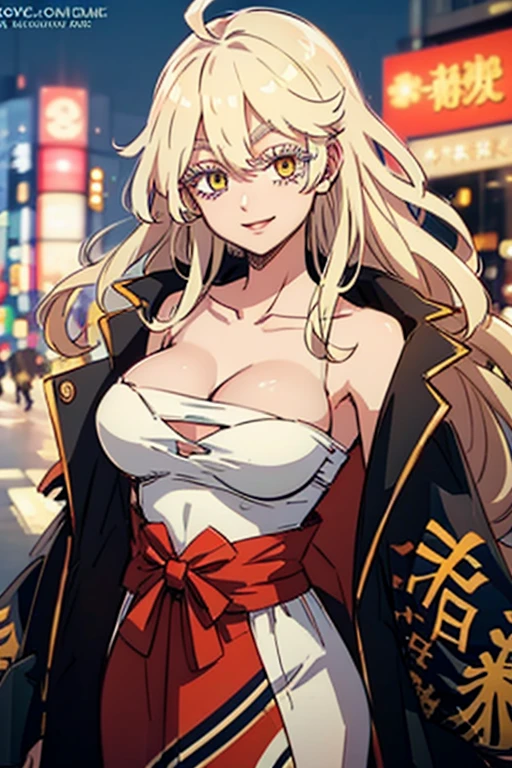 ftselenekim, pink eyes, mature female, blonde hair, hat, clothes, ftselenecas, pink eyes, blonde hair, maturefemale,cleavage, kimono, japanese clothes, moon, white clothes , big chest, smile, perfect waist, large breasts, kimono