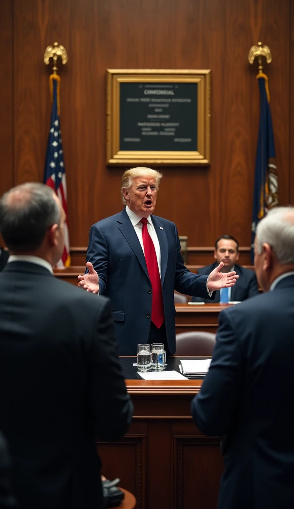 donaldtrump sitting at the defense table in a courtroom. There is a stack of paper on the table in front of him.