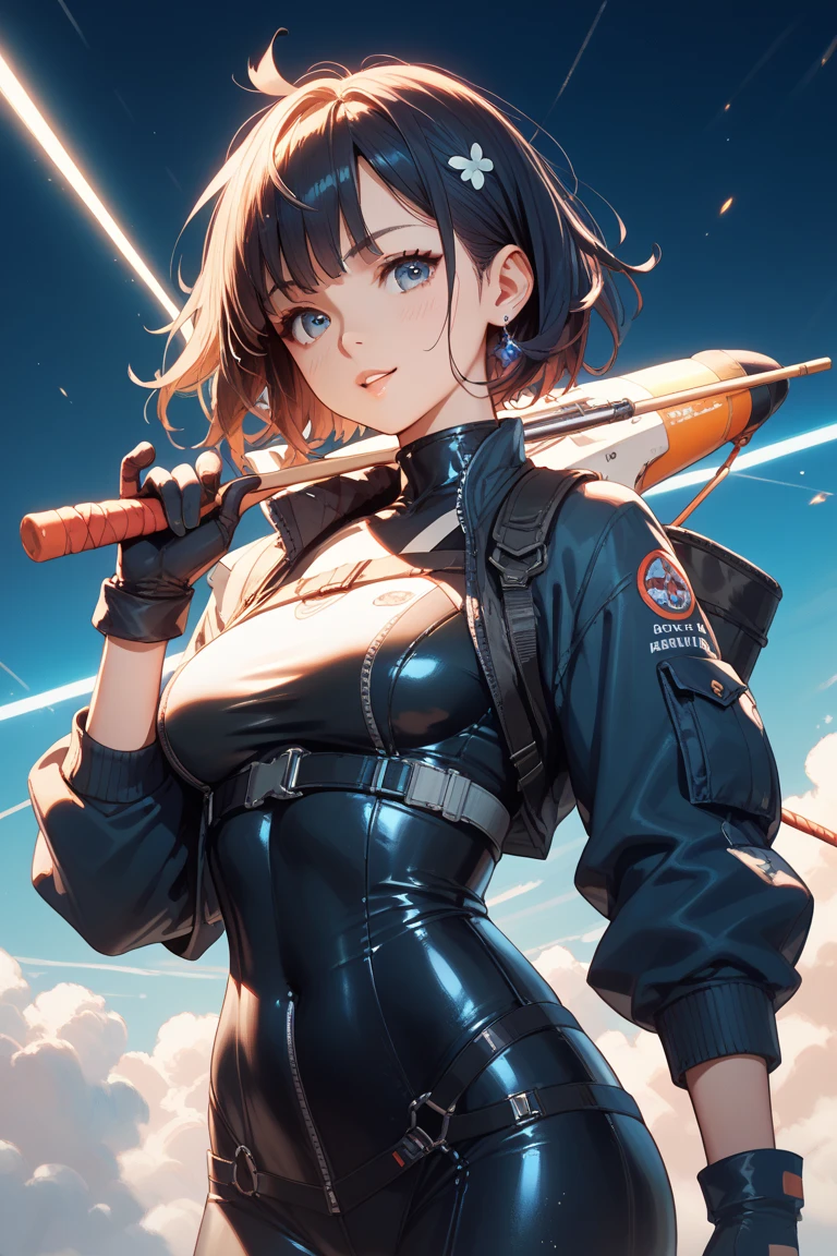 (Rocket Launcher: 1.3), (Explosion: 1.2), Squadron, Rocket Launcher Carry, Rocket Launcher Love, Hero, Girl, Hero Costume, Ally of Justice, Turn Into a Hero, Town, Cute, Masterpiece, High Definition, 16k, Illustration, Detailed Hands, Detailed Feet, Wide Angle, Full Body, Smile
