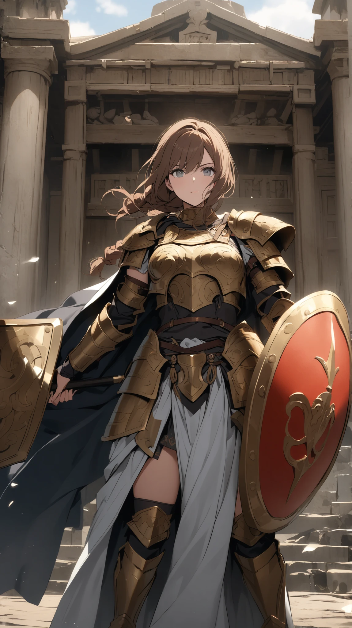 #Basics A girl is posing for a photo, animeのかわいい女の子, (((One Girl, Baby Face, 16 years old))),
BREAK
#Clothing Accessories
((Gold on black)Armor with a flame motif:1.4 : White dress under the armor:1.4 + (Gold on black)Gauntlet of:1.4 + (Gold on black)The breastplate is layered with:1.4 + (Gold on black)The chest armor is layered over the:1.4 + (Gold on black)She is wearing a skirt armor:1.4 + (Gold on black)Shoulder rest:1.4 + Black cape + Silver headdress + Has a big axe:1.4),
((Golden hoop earrings)),
BREAK
#Features
(Red hair:1.4, Straight bangs:1.4, Straight back hair),
(Droopy eyes,blue eyes), (Small breasts),
BREAK
#expression
(smile),
#background environment
((noon:1.4 + Grassland with horizon view:1.4 + blue sky + Sunshine)),
#composition
(Face the viewer:1.4, from below:1.4, (Dynamic Pose:1.4 + Are standing:1.4), Cowboy Shot:1.4),
BREAK
#Body parts elements
(Beautiful Hair,Shiny Hair),
(double eyelid, Long eyelashes),
(Expression of fine eyes, Beautiful and delicate eyes, Sparkling eyes, Eye Reflexes),
(Human Ear),
(Beautiful Nose, Thin Nose),
(Glossy lips, Beautiful Lips, Thick lips), (Symmetrical facial features),
(Detailed skin, Textured skin, Beautiful Skin),
BREAK
#Quality
(((highest quality)), ((masterpiece)), ((Very detailed))), ((High resolution), (16k,1080p)),
(Realistic), (Anatomically correct),
((comics, anime)), (3DCG), CG illustration,