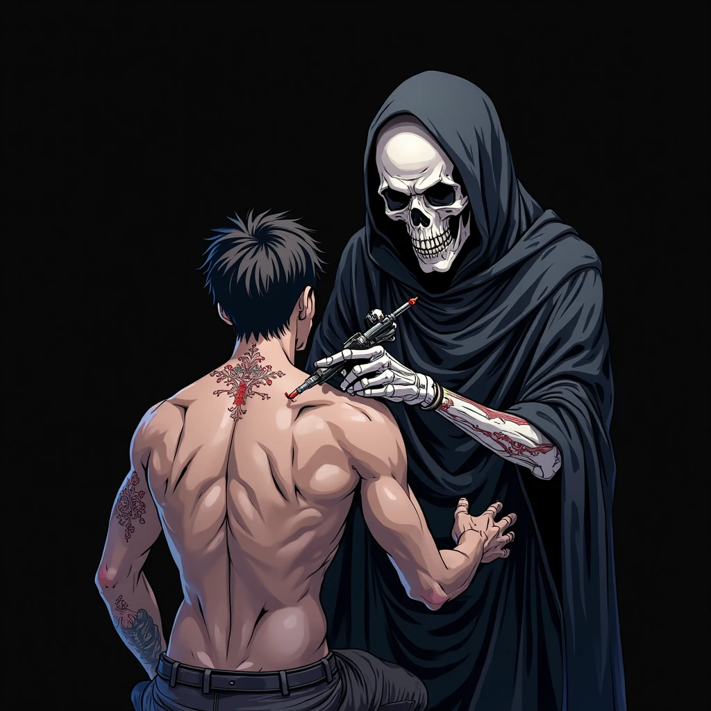 Digital illustration featuring two central figures in an embrace. The left figure is a shirtless human with pale skin, short white hair, and a somber expression, looking to the side. The right figure is a skeletal being with a hooded black cloak, red eyes, and multiple arms extending from its back. Red wings emerge from the skeletal figure's hood, adding a striking contrast to the dark background. In the top-left corner, the text 'ArtVision1999' is vertically aligned in a light gray, minimalist font. The overall color palette is dominated by dark tones with vivid red accents, creating a dramatic and eerie atmosphere.