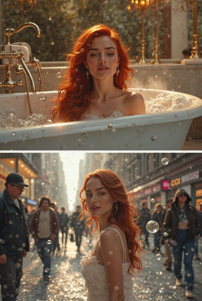 (masterpiece: 1.5) (fotorrealista: 1.1) (8k) (HdR) (cinematic lighting) photographed with a Canon EOS R5, 50mm lens, f/2.8, HdR, (8k) A 28-year-old redhead woman is having a joyful time on a rainy morning in Rome. Her tight sequined dress is completely soaked. She carries her high heels in her hand. Her face expresses joy and euphoria. Her makeup is running down her face in the rain. With her arms raised and her gaze towards the sky, she enjoys the rain falling on her face. Her breasts are drooping.