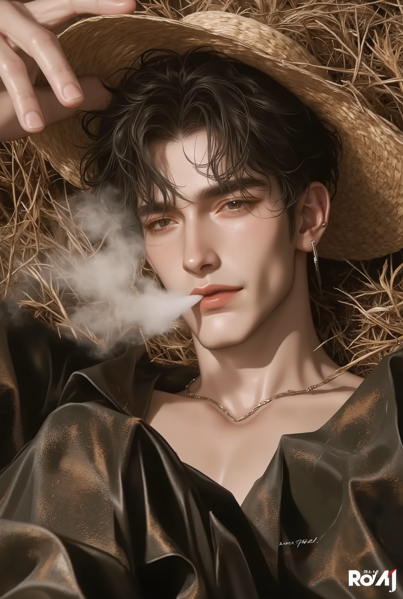excellent performance,Good qualityที่สุด,Good quality, fine eyes, high quality, subtle details ,Beautiful light and shadow, depth of field, Reflection, atmospheric scenery, wide-angle lens , Ultrawide angle , aspect 4:3 --niji 6 --personalize i8vcv6c btdanfp sl5xxj6--style raw --stylize 1000,1 man,Solo,, lie on a pile of straw and smoke,Smoke in your mouth,A peasant, sunset, unclothed ,wearing big black trousers with dirt stains, black hair,Mullet shape,brown eyes,brown skin,, a sly smiling face,arms raised in a mobile, a straw hat takes a shade.,eyes to the audience,,Ear Piercing,Jiu earrings are small studs in silver.,eyes turned to the audience,,Smoking power,Scene in the field, wide-angle lens , Satellite images,remote view,Smoking in the mouth,clear muscles have zigpak.,Age approx29