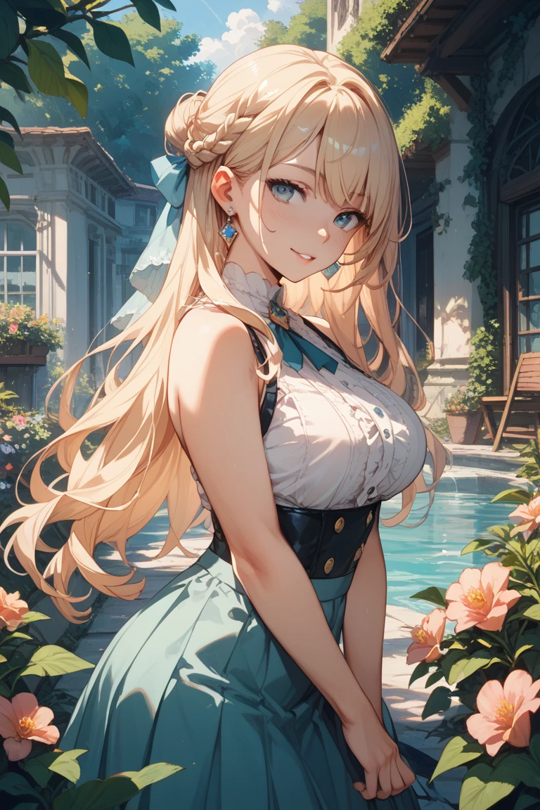 work of art, epic details, ultra detaild, best resolution, blonde, Braided hair, ( Beautiful nymph ), beautiful and robust wreath of blue and pink leaves and flowers, { olhos ultra detailds }, (( rosto angelical )), sculptural body, ( long queen dress ), (( perfect hands )), ((expression of happiness)), (Grinning), great smile, Simple smile, TREES,
medieval scenery, medieval tavern, beautiful hairstyle, long hair, gazing at viewer,