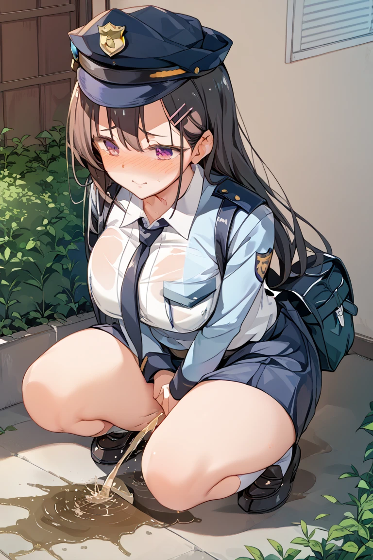 nsfw, (masterpiece, top quality, best quality, highly detailed:1.6), extremely detailed CG unity 8k wallpaper, strong facial expression, (sharp eye:1.2), (scowl:1.1), (embarrassed,blush:1.3), (steam:1.7), (wet:1.1), (sweat:1.1), (trembling:1.3), (open mouth, wavy mouth:1.4), (harf open eyes:1.5), (feeling weak:1.5), (shoot from front, looking at viewer:1.2), (squatting, skirt lift, clutching skirt:1.6), (at midnight), night, (downtown street, outside police car), (1 woman, outdoor, police uniform:1.4), (Blue Shirt, Pencil Skirt), Police hat ,The background is a street corner, shoes, (long hair, brown hair, pubic hair, Brown:1.5), (woman trembling with sexual climax:1.5), colorful, full body, wide shot, perfect composition, (chrotch, pussy, urethra, panty, panties), urination, incontinence, piss, peeing self, A lot of pee, having an accident, pee running down legs, panties around one leg, (((pee stream))), (pee puddle), wetting herself, pee stain, peeing, blush, trembling, embarrassed, large breasts, Yellow pee, ((leaking pee)), Shaking one's shoulders, Breaking a sweat on forehead, puddle of pee, Pee at your feet, Pee spread on the floor, Pee stains, Dripping pee between my legs, Feet wet from pee, Pee-covered feet, Pee at your feet, want to pee, about to pee, Full bladder, Pee-soaked skirt, Pee-soaked shoes, natural makeup, A pair of partially removed panties is hanging around one of her ankles,