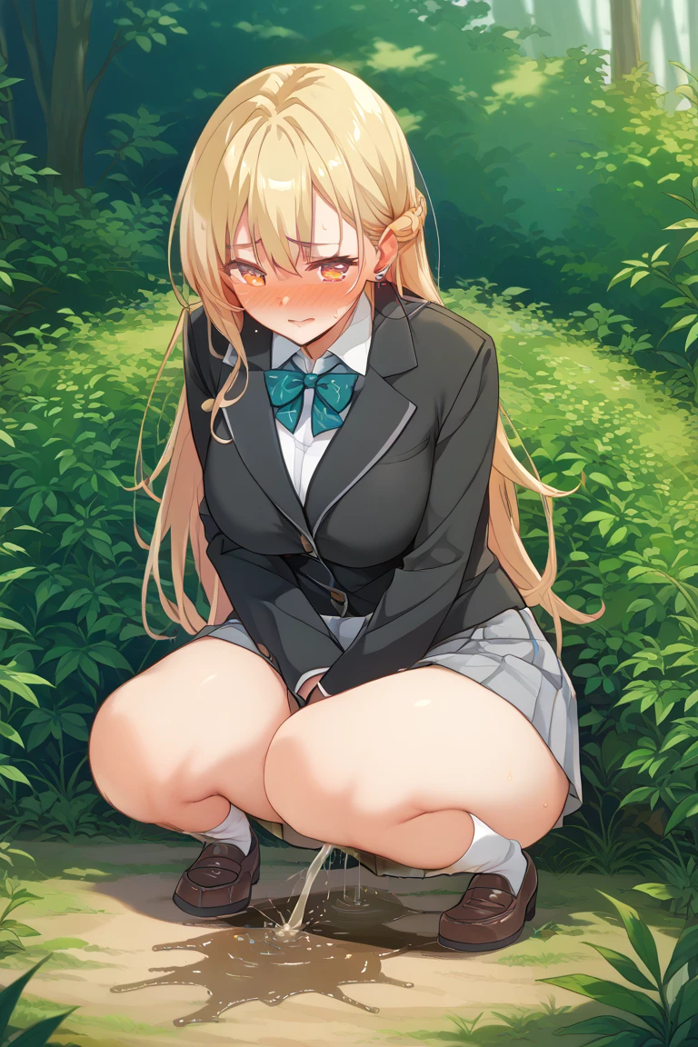 masterpiece, best quality, power \(csm\), from below, symbol-shaped pupils, cross-shaped pupils, collared shirt, bottomless, pussy,  medium breasts, black necktie, nose blush, eyeliner, solo, outdoors, garden, <lora:Power:0.8> <lora:Concept_Undressing.Panties:0.8> undressing, panty pull
