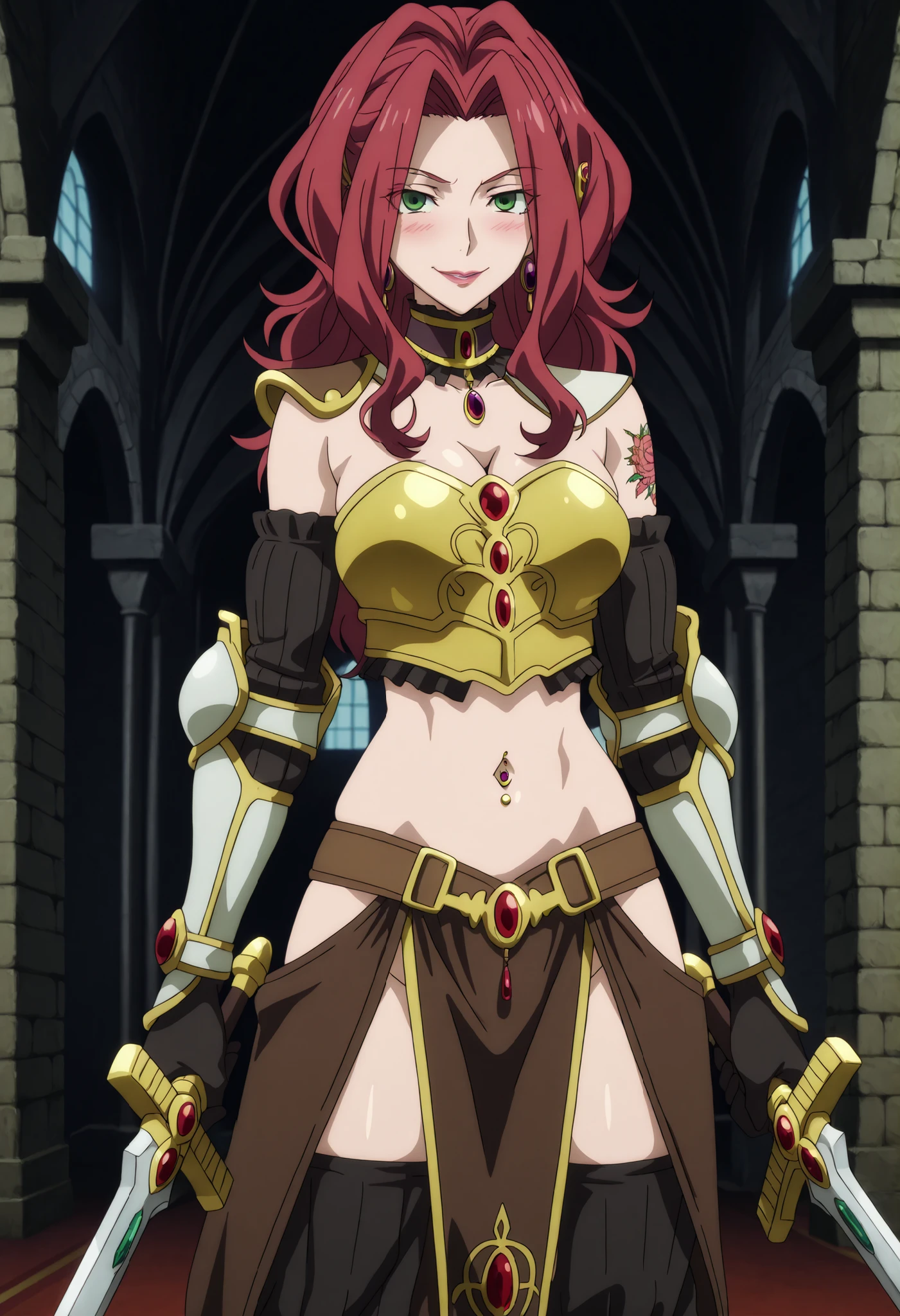 Malty Melromarc (The Rising of the Shiel) beautiful body,athletic body, beautiful breasts, ,visible private parts , ultra detailed image, anime image ,girl, anime malty, medium Breasts, excitement, red hair, green eyes , ear piercing, long hair, , lipstick,Hot girl, baddie, sensual, attractive , blush ,jewelry, earrings, large breasts, long hair, neck ring, harem pants, elbow gloves, midriff, earrings, hip vent, baggy pants,,
castle,inside castle, masterpiece, best quality, highly detailed ,gold_choker, complex detailed
background, inside, holding a sword, sword,harem_outfit,navel, necklace,
pelvic_curtain,revealing_clothes, veil, masterpiece,best quality,mature,evil
smile ,necklace,pendant, (nsfw) not safe for work, exposed belly, exposed navel, midriff, exposed
lower belly, ,cleavage, navel piercing, fur trimmed corset, brown corset, armored bikini top, left
arm shoulder guard, black thighhighs, skindentation, black gloves,,dragon tattoo, narrowed eyes, tattoo midriff, anipai_style, anime screencap, anime coloring