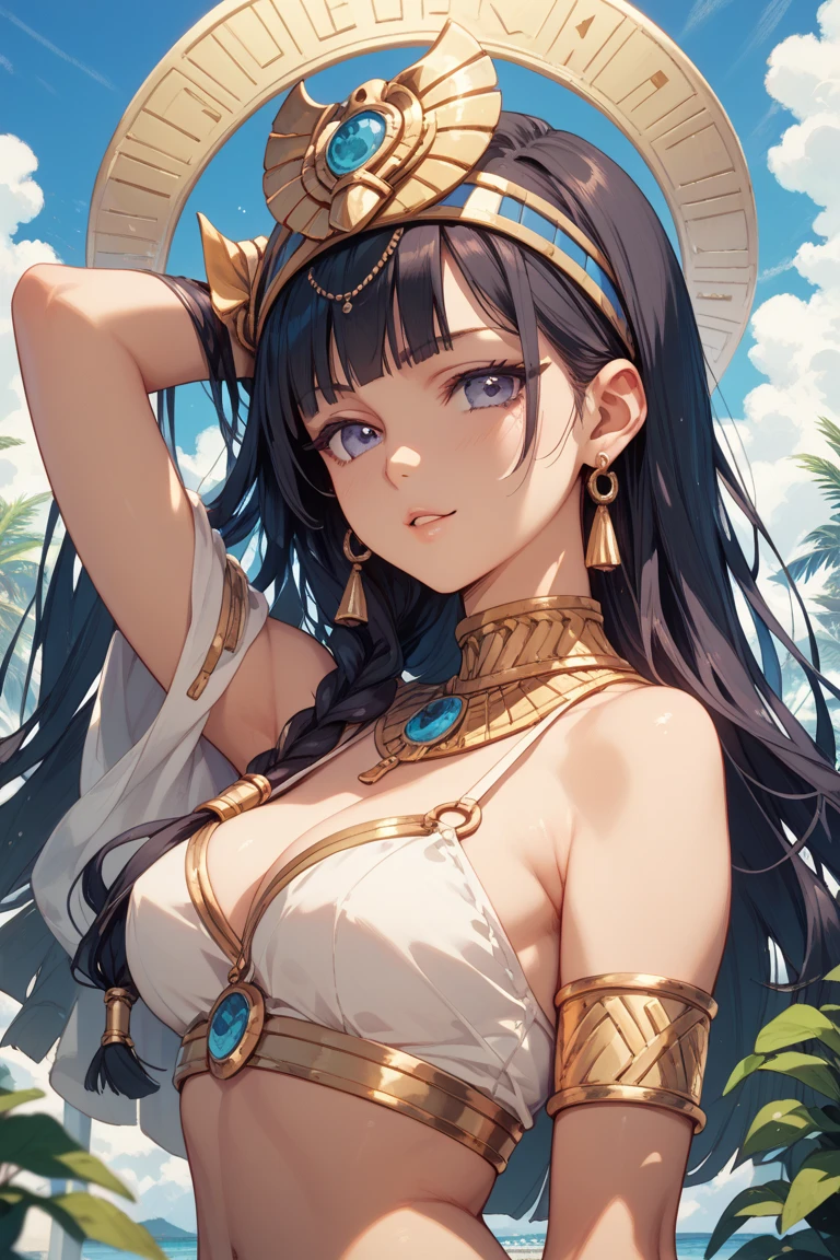 1girl, (masterpiece), best quality, expressive eyes, perfect face, ((arafed woman in a gold ancient egypt costume)), girl in egyptian ruins, egypt themed art, egyptian princess, egyptian art, egyptian, egyptian atmosphere, temples behind her, ((golden ancient egyptian clothes)), ((golden ancient egyptian clothing)), ancient egypt art, blue eyes, black hair, (blue colored inner hair), medium size breast, long hair
