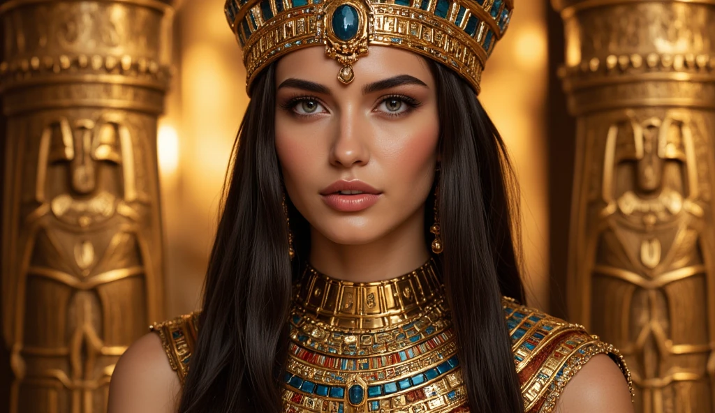 Beautiful Queen Cleopatra, wonderful with lots of gold. luxury dress, wealth, long  hair, heavy and beautiful makeup.very beautiful.Perfect photo blue-black hair