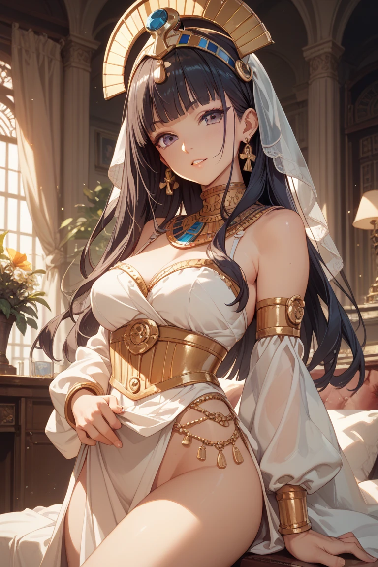 ((best quality)), ((masterpiece)), (detailed face and eyes), perfect face, accurate, textured skin, high details, highres, Cleopatra, queen of ancient Egypt, in silk dress, jewelled crown, lipstick, cowboy shot, Tanned skin, brown skin