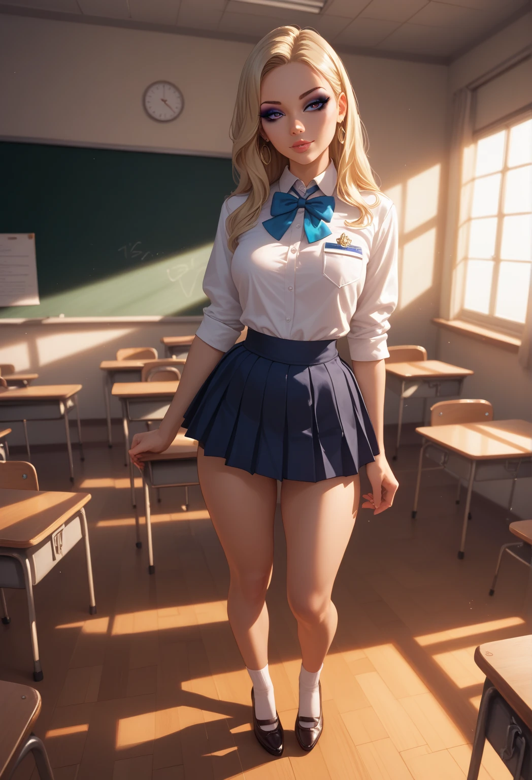 A woman, dynamic pose, inside the school, blonde, blue eyes, perfect hand