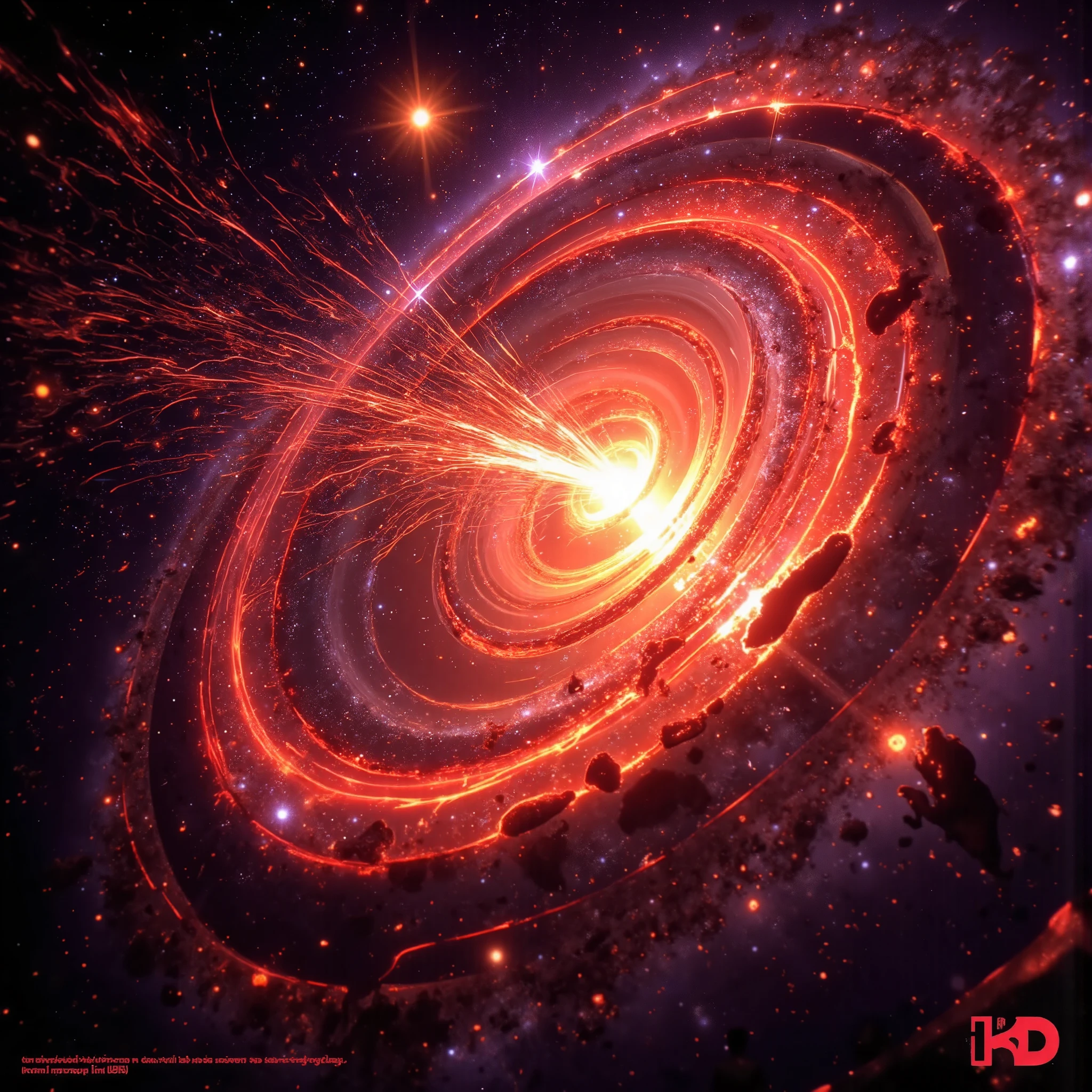 air pot, 16k, intrincada, detalhada. Spiral galaxy in the midst of a stellar explosion, intense and dramatic colors, Light and Shadow Effects, stars and dust scattered by the explosion, perspective of the galaxy from above, with the explosion at the center.Foco: Stellar explosion, dramatic colors, perspective from above.