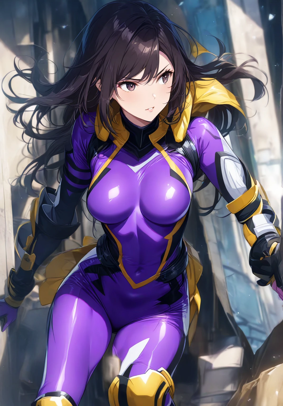 11:23(((Best quality: 1.4))),(Unbeatable masterpiece), (hyper HD),(Hyper-realistic 8k CG)、（dark colored hair） ((( body))), (((1 girl in))), 25-year-old American soldier with perfect body,,Beautiful and well groomed face,muscular body:1.2,Solid royal blue jacket with details, (Pictures from head to thighs)， Complex equipment, purpleish color，long trousers，The clothes inside are dark，Clothes with metal electronic parts,Tech Armor )