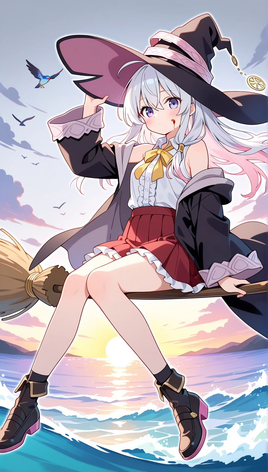 realistically, longhair, silver hair, brown eyes, glowing eyes, white short skirt, super shot skirt, Blush, daytime, Wet from the rain, see through, sleeveless shirt, nipples, 10 years old, M leg, pussy, crotch, very young, sexy smile, Knee steep, Spread your legs, windy, elaina, the skirt is turned up, Hand open skirt, masterpiece, highest quality, very High resolution, (detailed and beautiful eyes), highly detailed face, perfect lighting, Very detailed CG, (perfect hands, perfect anatomy), witch, earthworm view,