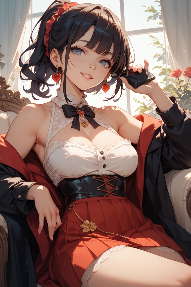 (masterpiece, best quality:1.2), illustration, 8k, hd, solo, 1girl, ((tan, dark skin)), black hair, red eyes, Egyptian, hair ornaments, large breasts, ((cat ears, short hair,)) voluptuous, fur-trimmed coat, black halter dress, armlet, pelvic curtain, seductive smile, seductive smirk, looking at viewer, indoors, cowboy shot, multicolored hair, red streaked hair,