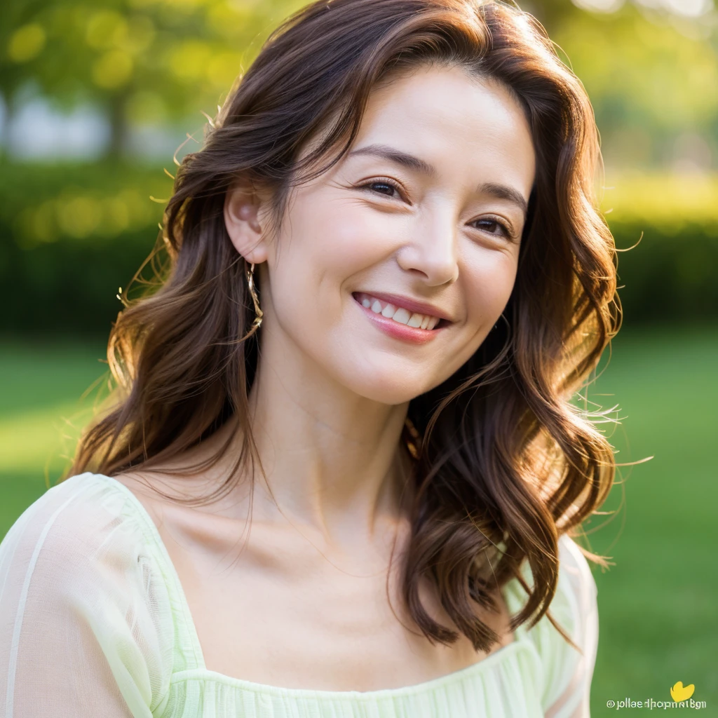 ((Highest quality)), ((masterpiece)), (detailed),Perfect Face,Japanese,Mature Woman,Upper Body,F Cup,Cleavage,blouse,smile