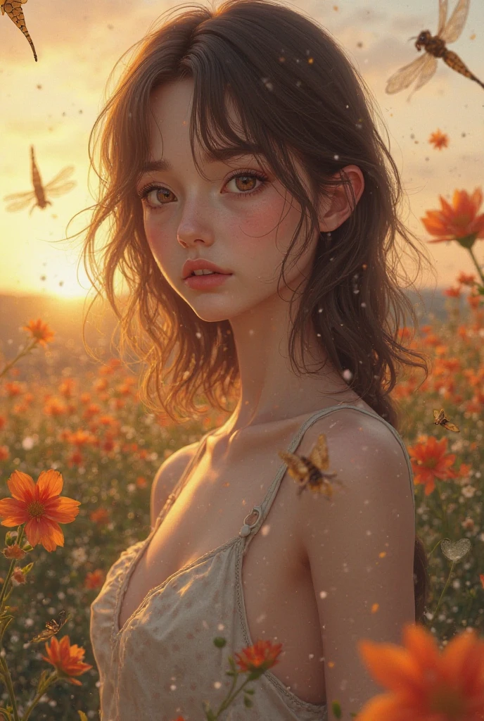 (best quality,masterpiece:1.2,ultra-high resolution,upper body,realistic,beautiful girl,girl in a flower field,detailed eyes,elaborate,pale skin,bokeh)