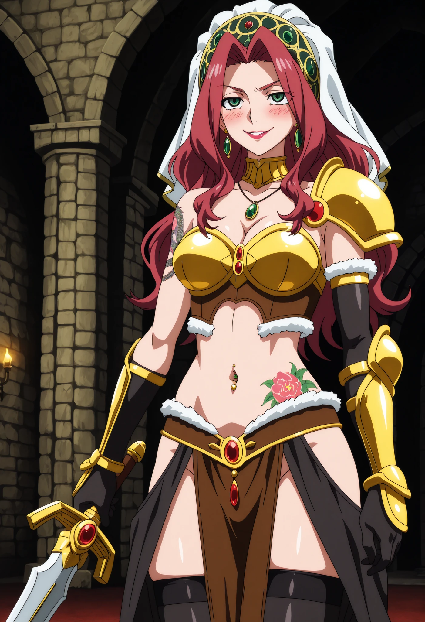 Malty Melromarc (The Rising of the Shiel) beautiful body,athletic body, beautiful breasts, ,visible private parts , ultra detailed image, anime image ,girl, anime malty, medium Breasts, excitement, red hair, green eyes , ear piercing, long hair, , lipstick,Hot girl, baddie, sensual, attractive , blush ,jewelry, earrings, large breasts, long hair, neck ring, harem pants, elbow gloves, midriff, earrings, hip vent, baggy pants,,
castle,inside castle, masterpiece, best quality, highly detailed ,gold_choker, complex detailed
background, inside, holding a sword, sword,harem_outfit,navel, necklace,
pelvic_curtain,revealing_clothes, veil, masterpiece,best quality,mature,evil
smile ,necklace,pendant, (nsfw) not safe for work, exposed belly, exposed navel, midriff, exposed
lower belly, ,cleavage, navel piercing, fur trimmed corset, brown corset, armored bikini top, left
arm shoulder guard, black thighhighs, skindentation, black gloves,,dragon tattoo, narrowed eyes, tattoo midriff, anipai_style, anime screencap, anime coloring