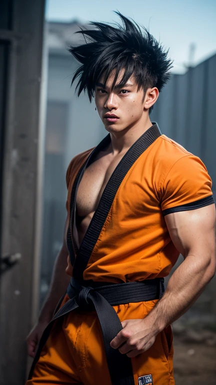 Realistic image of Goku with 4-star Dragon Ball,orange doji, with blue belt at the waist.