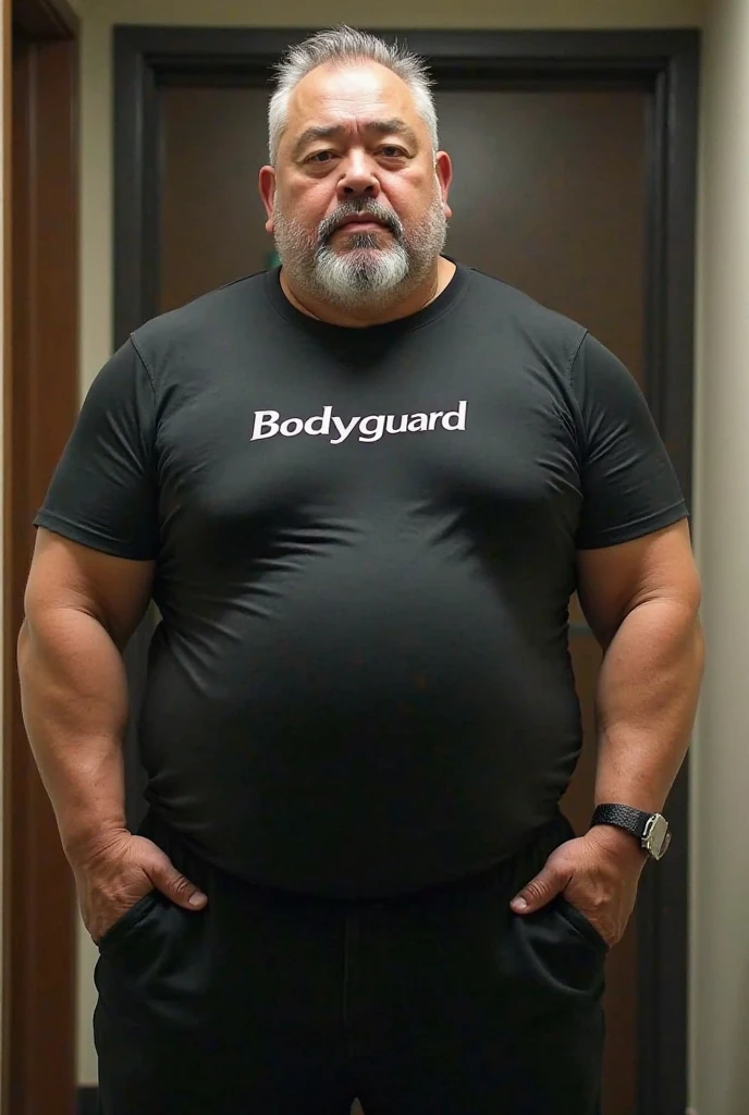 Obese male athlete,, black hair, whole body, Gray jeans
