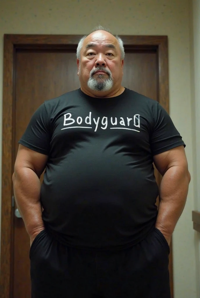 A handsome man with a thin face of Japanese descent with brown skin and wearing tight white clothes because he has a fat body and a bloated and fatty stomach and has muscles in his arms.