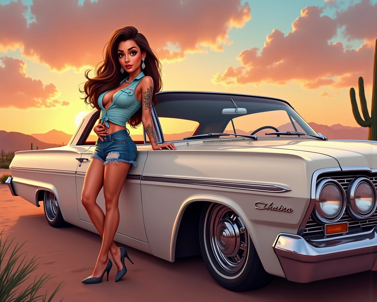 there is a woman in a bikini standing on the side of the road, standing in front of lowrider, inspired by Greg Hildebrandt, style of gta v artworks, realistic artwork, photorealistic digital art, lowrider style, highly detailed hyper real retro, pinup art, inspired by Art Frahm, photorealistic digital arts, stylized digital illustration
