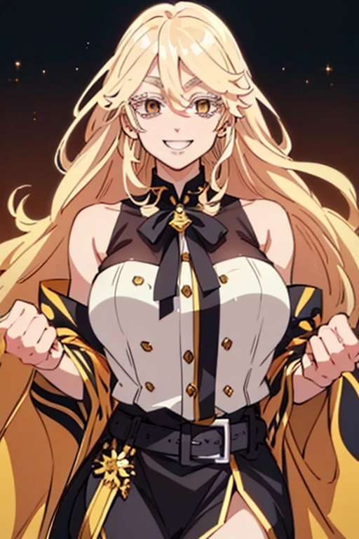 Girl, flowing golden blonde hair, yellow eyes, golden imperial outfit, neckline, anime, the background is a clear sky with twinkling lights, dynamic angle, arrogant laughter
