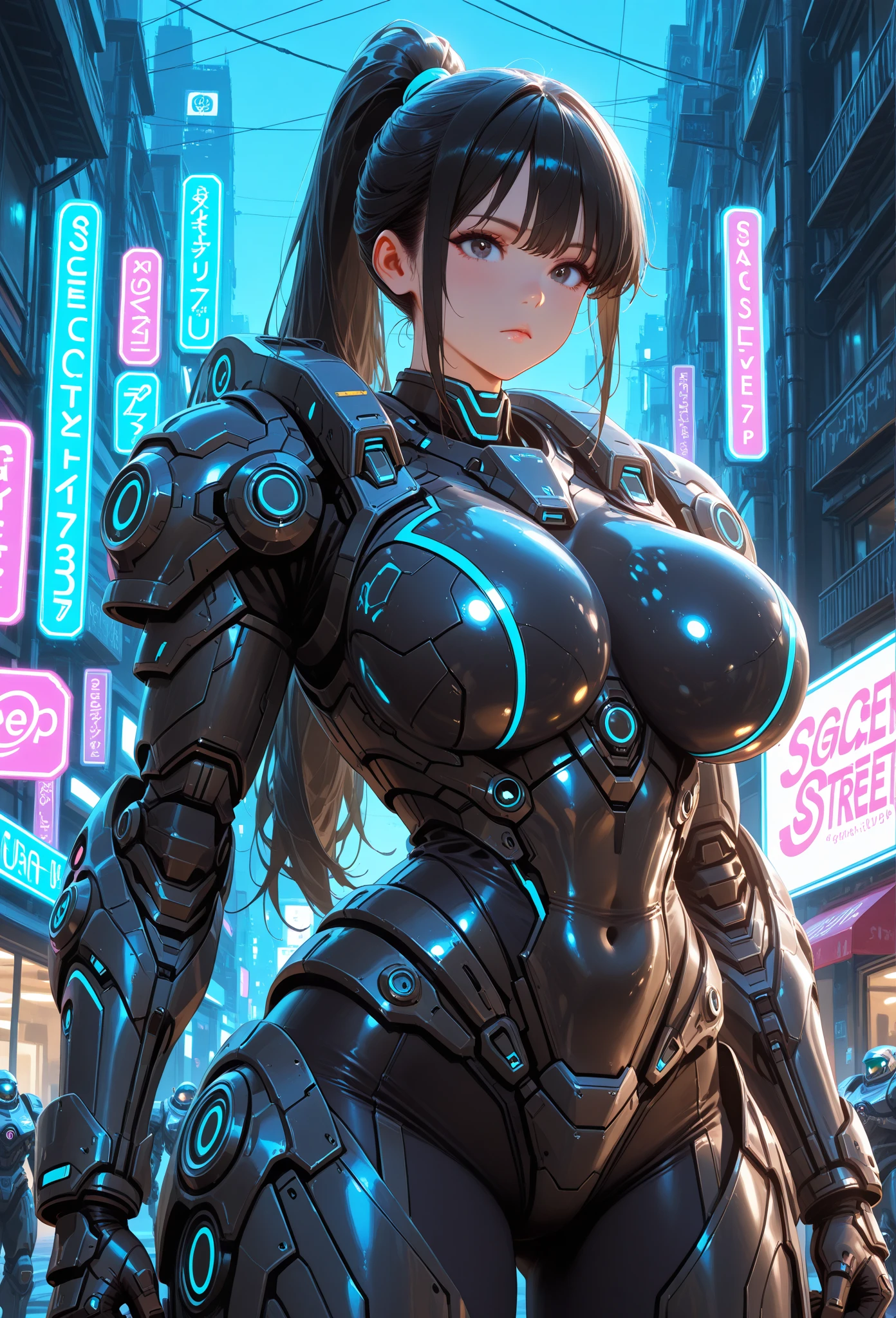araffed woman in a black leather suit posing for a picture, cybersuit, cybersuits, stunning armor, thicc, cosplay, armor girl, girl in mecha cyber armor, pvc armor, thick armor, beautiful armor, oppai cyberpunk, black shiny armor, cyber suit, biomechanical oppai, perfect anime cyborg woman, cyberpunk suit