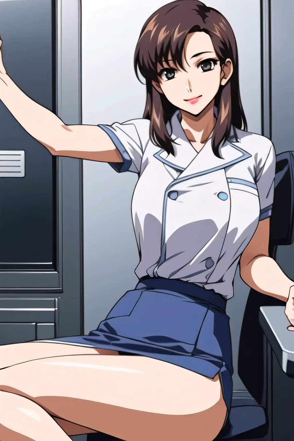 Highest quality, masterpiece, High resolution, ((Perfect hands, Perfect Legs, Perfect ???????)), ((一人in)), {Hiei Kai-2_Fleet Collection:1.15}, brown_hair, short_hair, hairband, headgear, Non-traditional_Shrine maiden, smile, green_eye, Inverted up_hair, Open_mouth, (One girl), independent_sleeve, Japanese_Clothes, Looking_in_Audience, ribbon-trimmed_sleeve, ribbon_trim, whole body, , (indoor, office, living room),