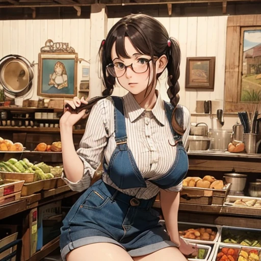 Girl eating tacos at a bar Wear sneakers High leg shorts with suspenders Large Breasts Showing your belly button Super low-rise Knee-high socks No underwear Belt on chest There's a glass of tequila