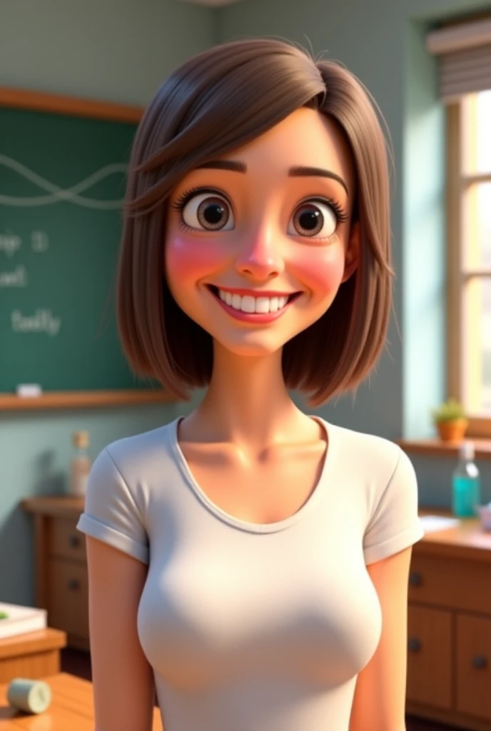 Brunette high school teacher, wearing a cropped white t-shirt ((best quality)), ((masterpiece)), (detailed), perfect face,big breasts