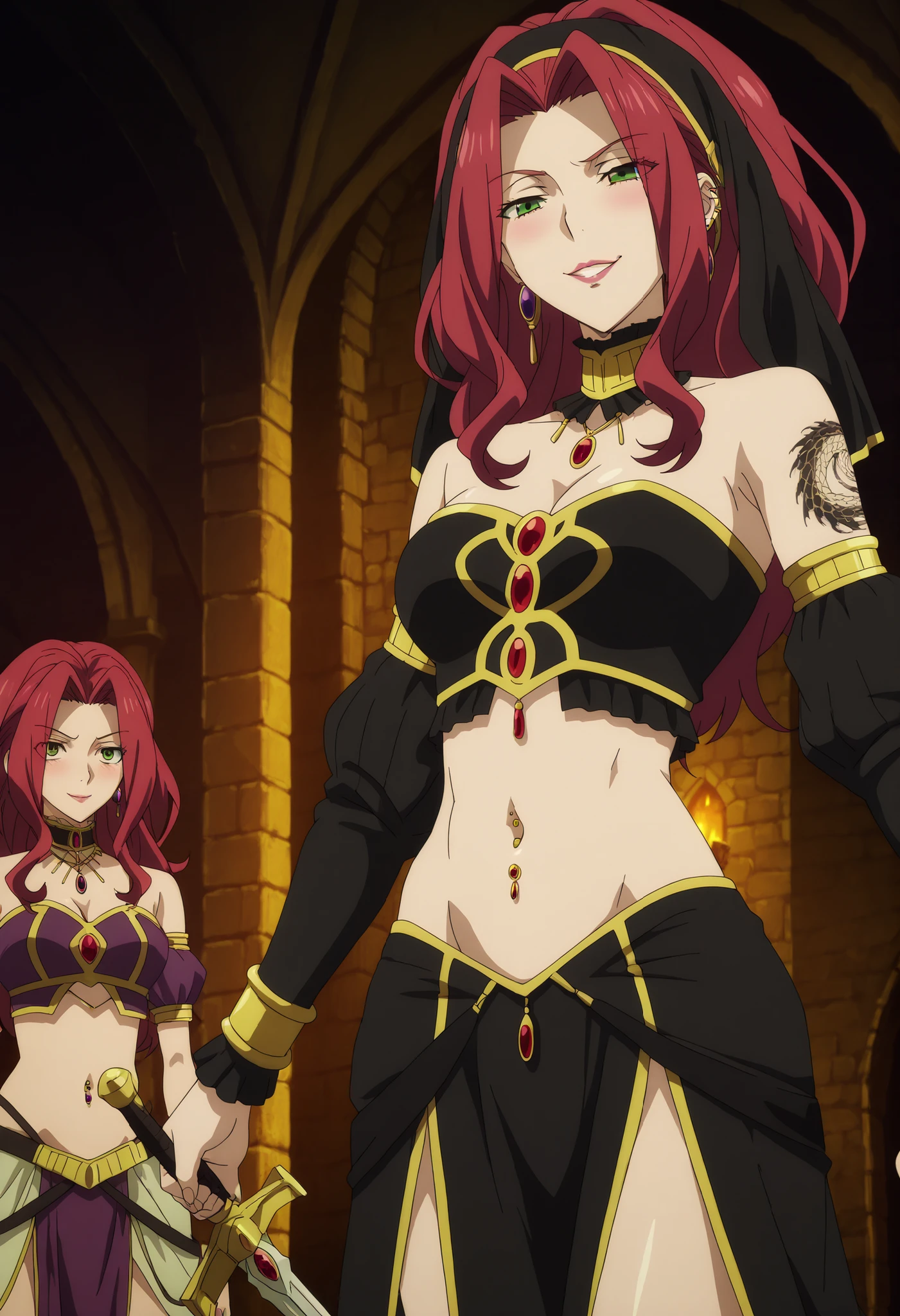 Malty Melromarc (The Rising of the Shiel) beautiful body,athletic body, beautiful breasts, ,visible private parts , ultra detailed image, anime image ,girl, anime malty, medium Breasts, excitement, red hair, green eyes , ear piercing, long hair, , lipstick,Hot girl, baddie, sensual, attractive , blush ,jewelry, earrings, large breasts, long hair,
castle,inside castle, masterpiece, best quality, highly detailed ,gold_choker, complex detailed
background, inside, holding a sword, sword,harem_outfit,navel, necklace,
pelvic_curtain,revealing_clothes, veil, masterpiece,best quality,mature,evil
smile ,necklace,pendant, (nsfw) not safe for work, exposed belly, exposed navel, midriff, exposed
lower belly, ,cleavage, navel piercing, ,,dragon tattoo, narrowed eyes, tattoo midriff, anipai_style, anime screencap, anime coloring