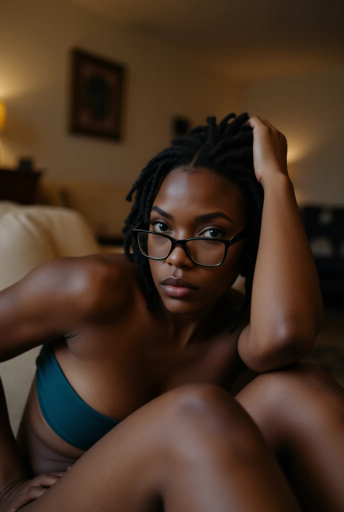 RAW, photo-realistic, ultra-realistic, masterpiece, best quality, ultra high resolution textures, extremely rich detail textures, HDR, 8k uhd, dslr, soft lighting, high quality, light skin black woman with dark red dreadlocks square frame glasses and tattoos sitting on the floor , bedroom