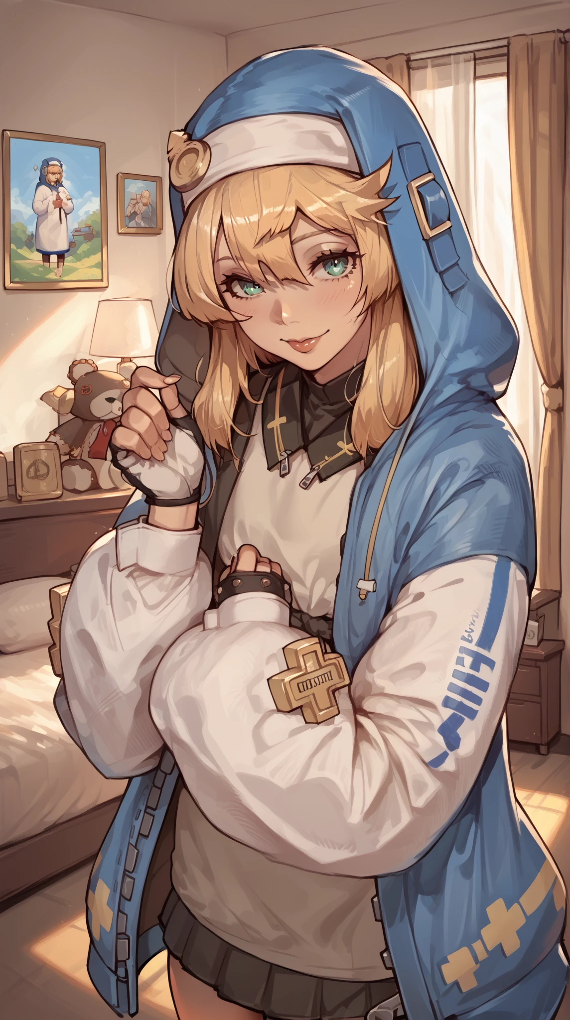 ((masterpiece)), (best quality), (detailed), (1 girl),<lora:WomanNun:1>,bridget \(guilty gear\),blonde hair,fingerless gloves,green eyes,teddy bear,bike shorts