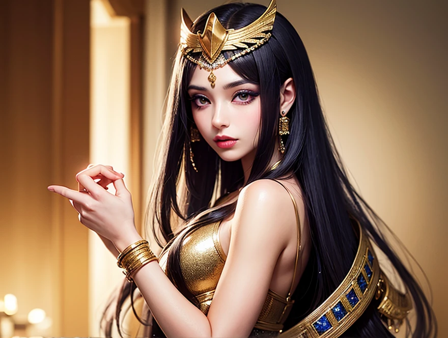 The dress comes with gold edges, star-shaped pupils, hair ornaments, necklaces, jewelry
Wavy detail hair