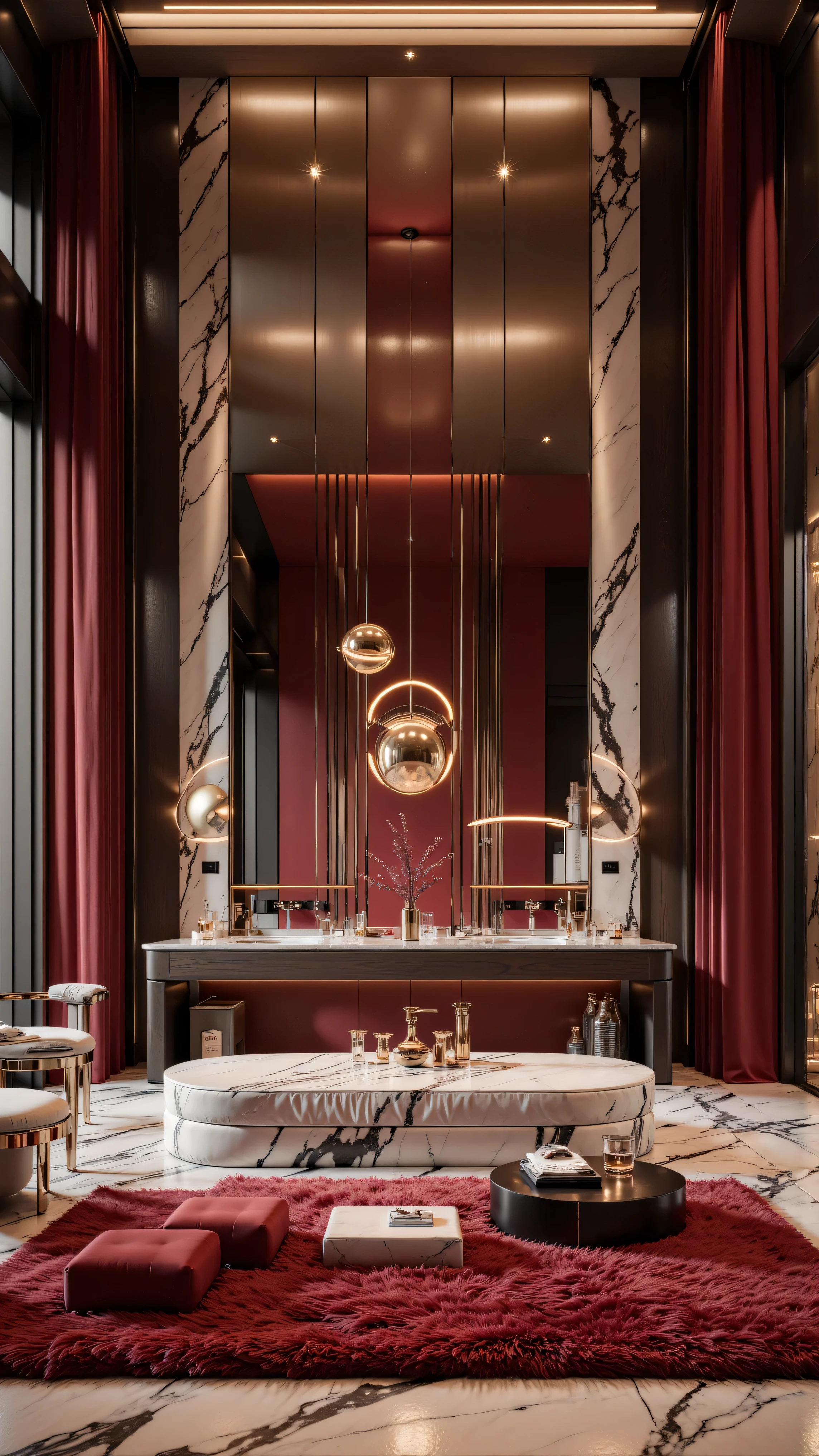 4K,8K,Studio Quality,Inside Highclass Penthouse Tower Bathroom, make the photo realistic, vibes color with red and dark, Billionaire Vibes Bathroom,Full Furniture. 