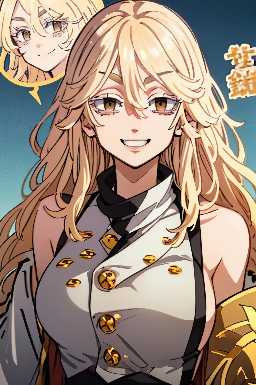 Female OC from Tokyo Revengers, with long wavy blonde hair, straight bangs, detailed golden eyes, with long and abundant eyelashes, with a charming and smiling appearance, and big breasts, little sister of Manjiro Sano