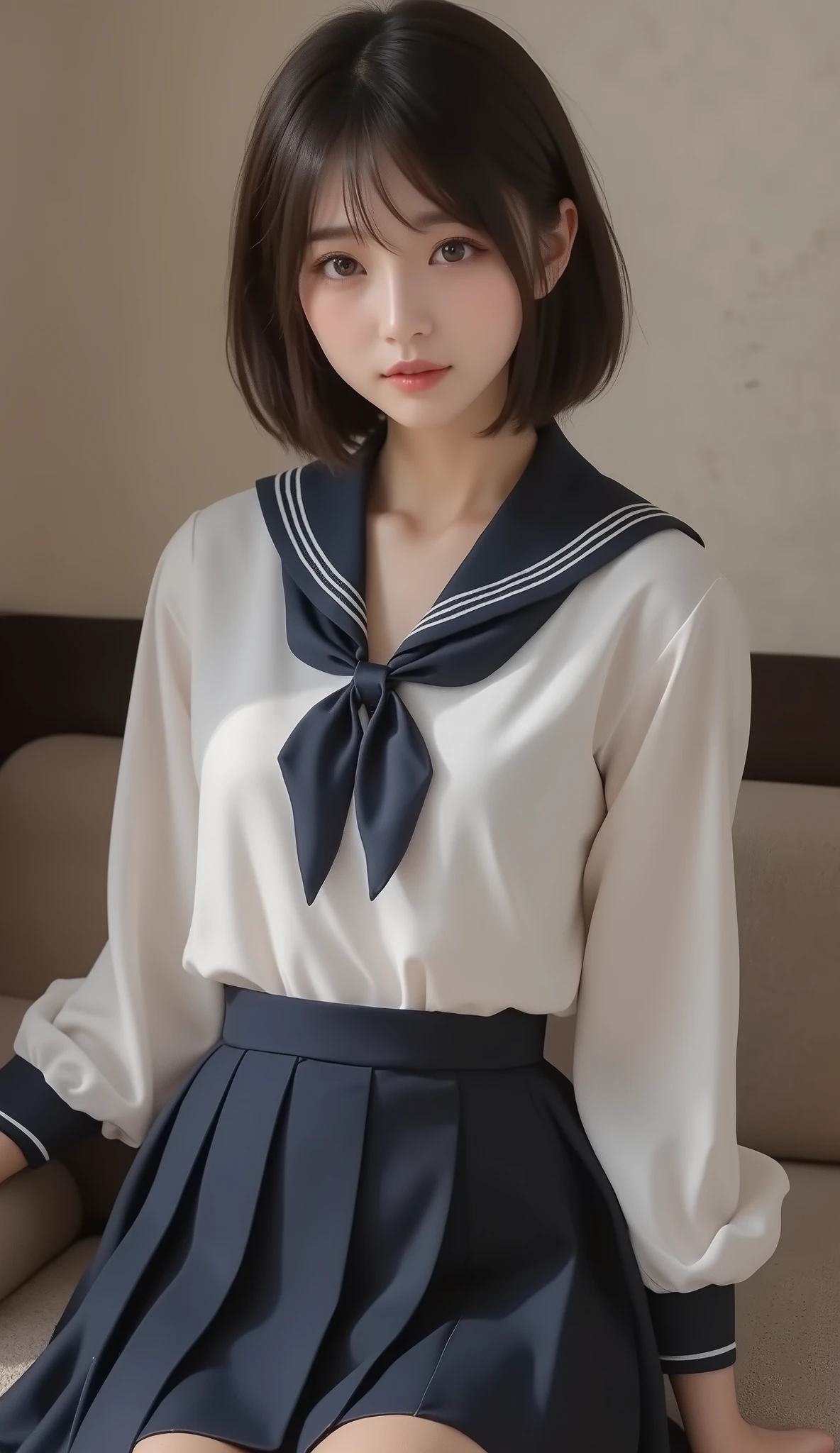 8k,Ultra High Resolution , Best Quality, masterpiece,rule of thirds,golden ratio,surreal,pictures, one woman,( girl:1.3),cute,cute顔, Beautiful Eyes in Every Detail , 細かくdetails,mature woman,Princess,Full body,black hair,Short Bob,ID photo, luxurious and beautiful ,( famous Japanese idol girl),非常にdetailsな, 美しいlikeいアジア人女性の超写実的なデジタルイラスト, fully visible from head to foot in the frame,elegant makeup,she wears a traditional Japanese schoolgirl uniform,wearing a white sailor-colored blouse with perfect clarity, knee-length navy blue pleated skirt,appropriate ribbon tie,like々exudes vibrancy and charm. She's also wearing navy blue knee-high socks and shiny black shoes, complete a classic school uniform,miniskirt,background is a minimalist, subtly textured neutral wall, simple yet effective with her outfit They provide contrast、Put her at the center of focus.  The lighting is soft and even , gentle shadows that add depth and realism.  is balanced in the composition , the subject is placed in the center, let you fully enjoy her outfit and look. The image is rendered in stunning 8K resolution, that captures every detail with perfect clarity,(((smile))),High heels, very delicate expression ,  delicate eye description,healthy body, ((Female 1)), Height: 160cm ,( thin waist:1.4)、( Beautiful :1.4), pink lips,Profile ,((( ideal figure))),Small A Cup Bust :2, portraits:2、 Perfect Anatomy 、鮮明な details、 details,thin lips,Perfect and beautiful face  ,完璧でcute顔, meticulous skin , perfect limb that wraps around the body,thin waist, surreal,Light and Dark,fashion magazine cover,stage lights